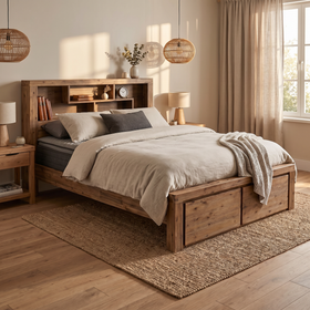 Joyner Bookcase Bed Frame in a coastal-style bedroom lifestyle setting