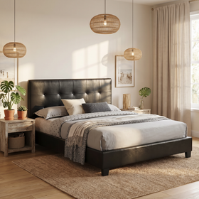 Falcon Black PU Leather Bed Frame in a coastal-style bedroom lifestyle setting