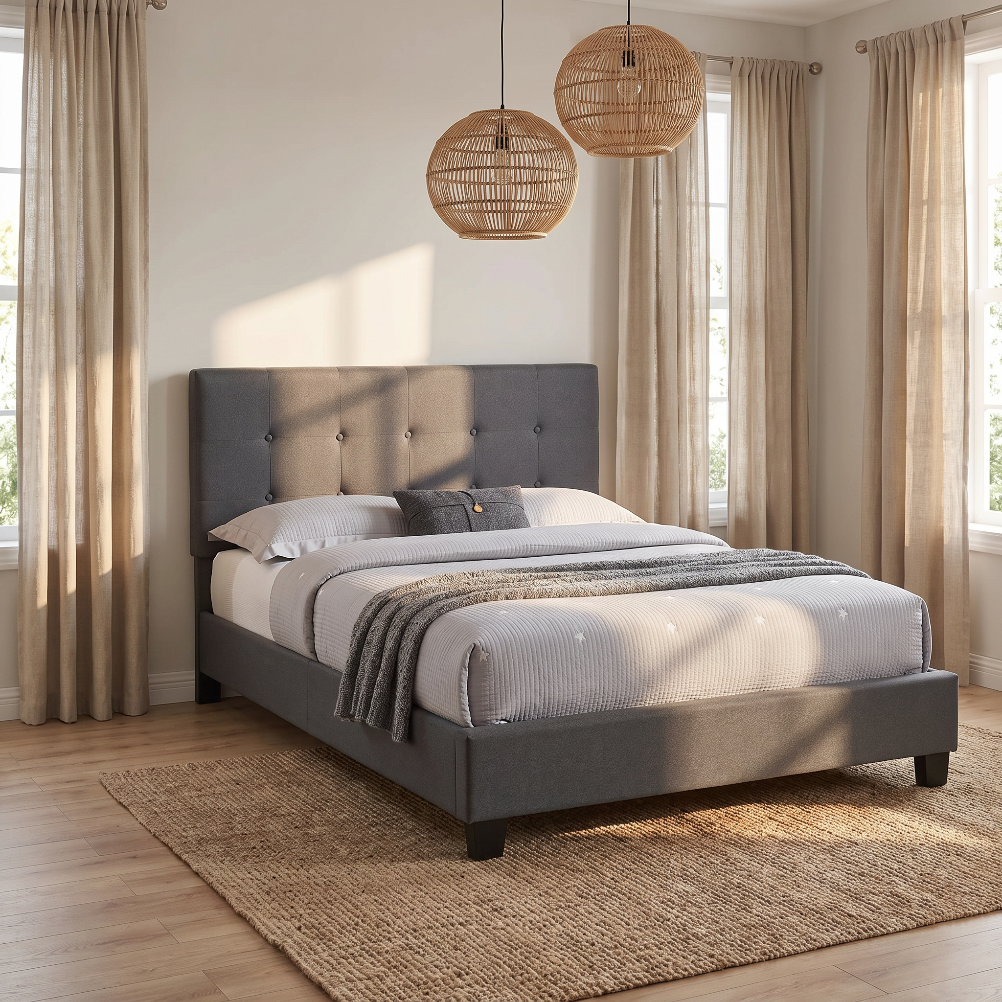 Falcon Grey Fabric Upholstered Bed Frame in a coastal-style bedroom lifestyle setting
