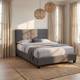 Falcon Grey Fabric Upholstered Bed Frame in a coastal-style bedroom lifestyle setting