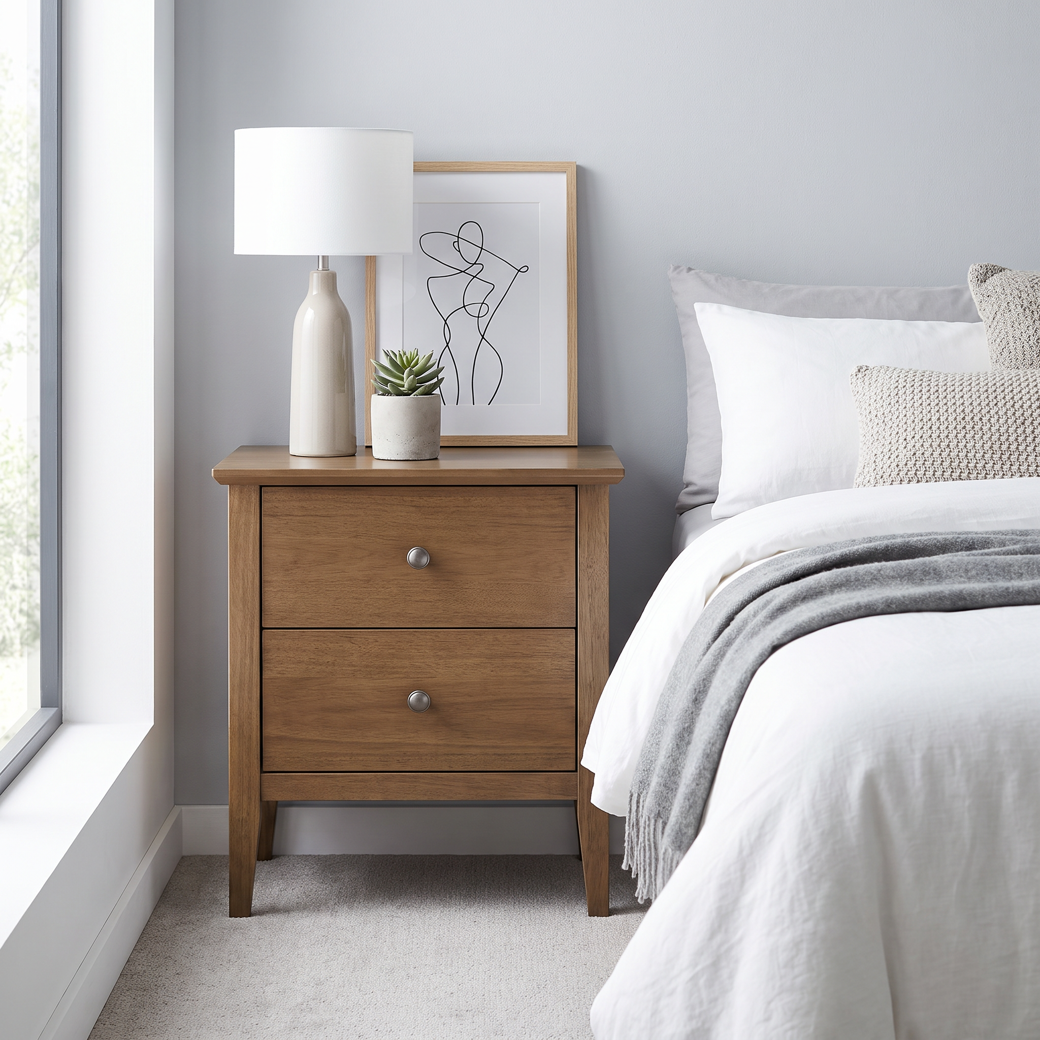 Marina 2 Drawer Bedside Table in Smoke messmate timber, styled in a contemporary bedroom