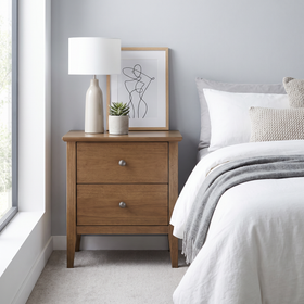Marina 2 Drawer Bedside Table in Smoke messmate timber, styled in a contemporary bedroom