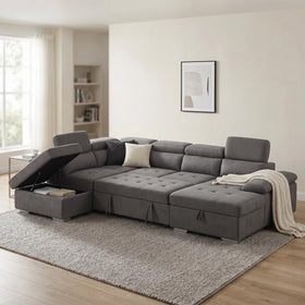 Alex Sofa Bed in grey fabric with the storage-chaise lid lifted open, showing under-seat storage, adjustable headrests and a scatter cushion
