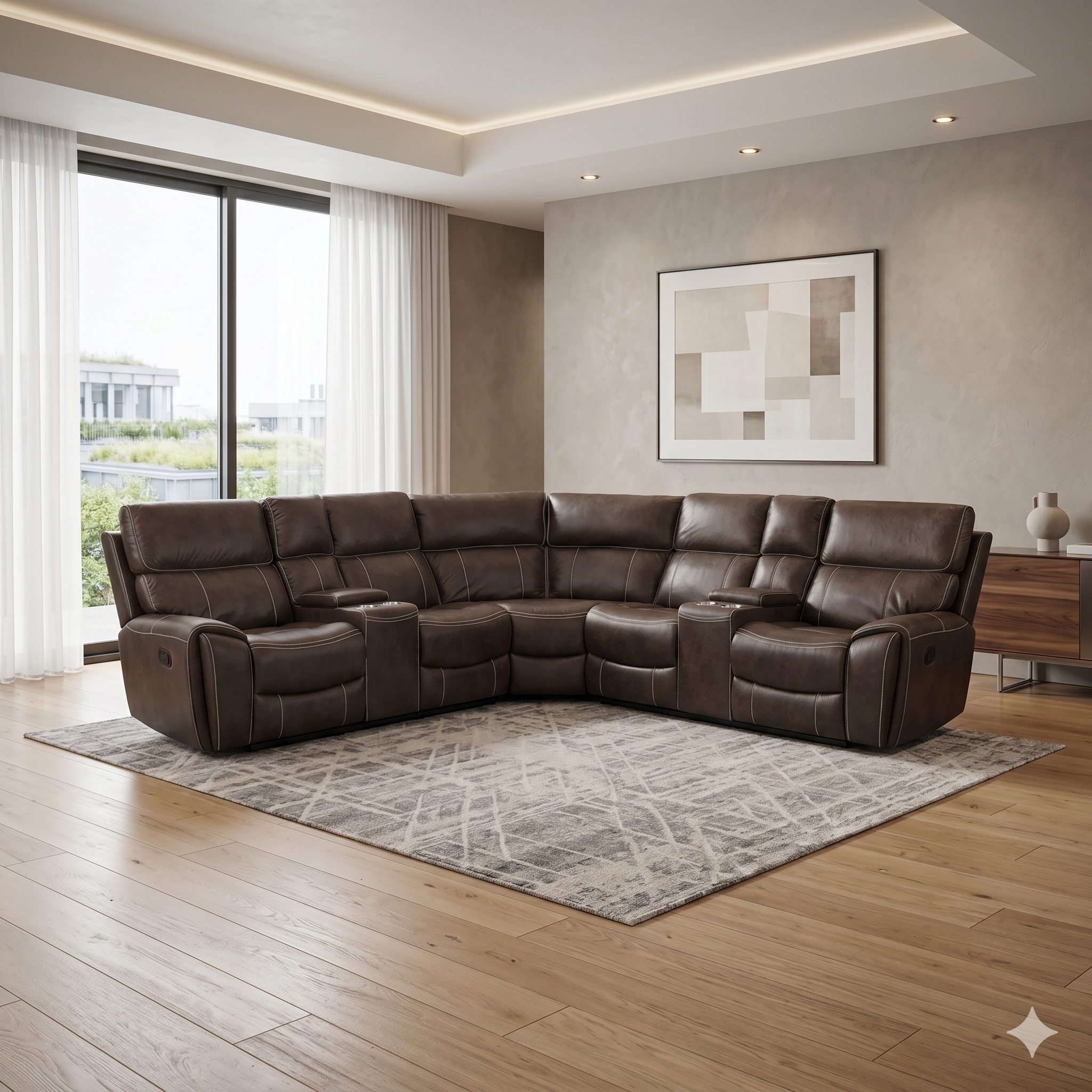 Brown fabric sectional sofa in a modern living room with large windows and abstract art on the wall.