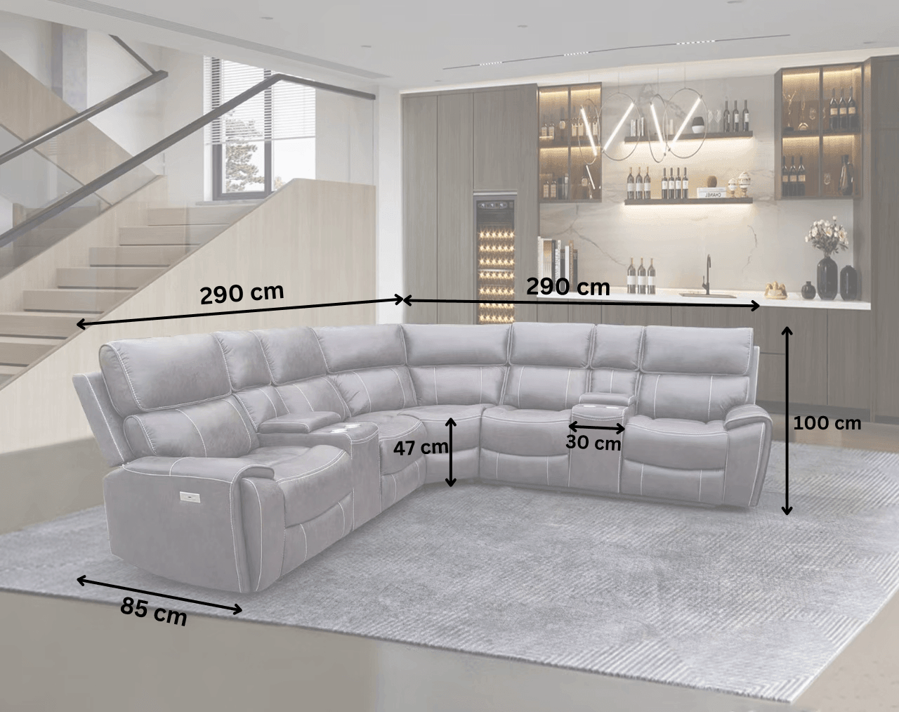Grey corner sectional sofa with visible dimensions in modern living room, lounge furniture measurements shown.