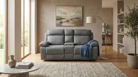 Bentley 2 Seater Recliner Lounge in a bright living room with floor-to-ceiling windows and a floor lamp