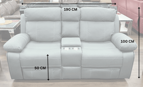 Grey two-seater recliner sofa with cup holders, labeled dimensions 190x100x50 cm, in showroom