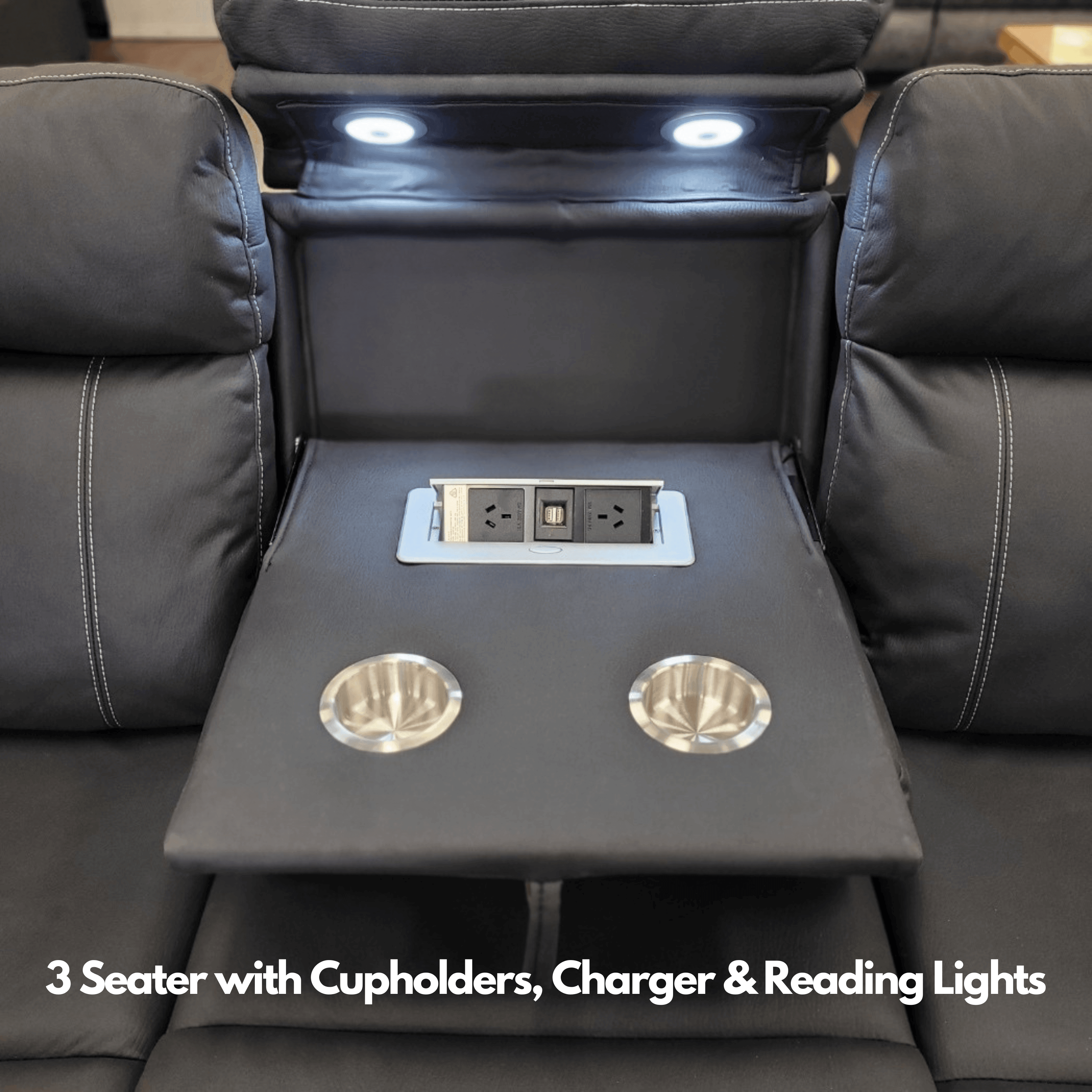 Black 3 seater recliner sofa with cup holders, power outlets, USB charger, and LED reading lights