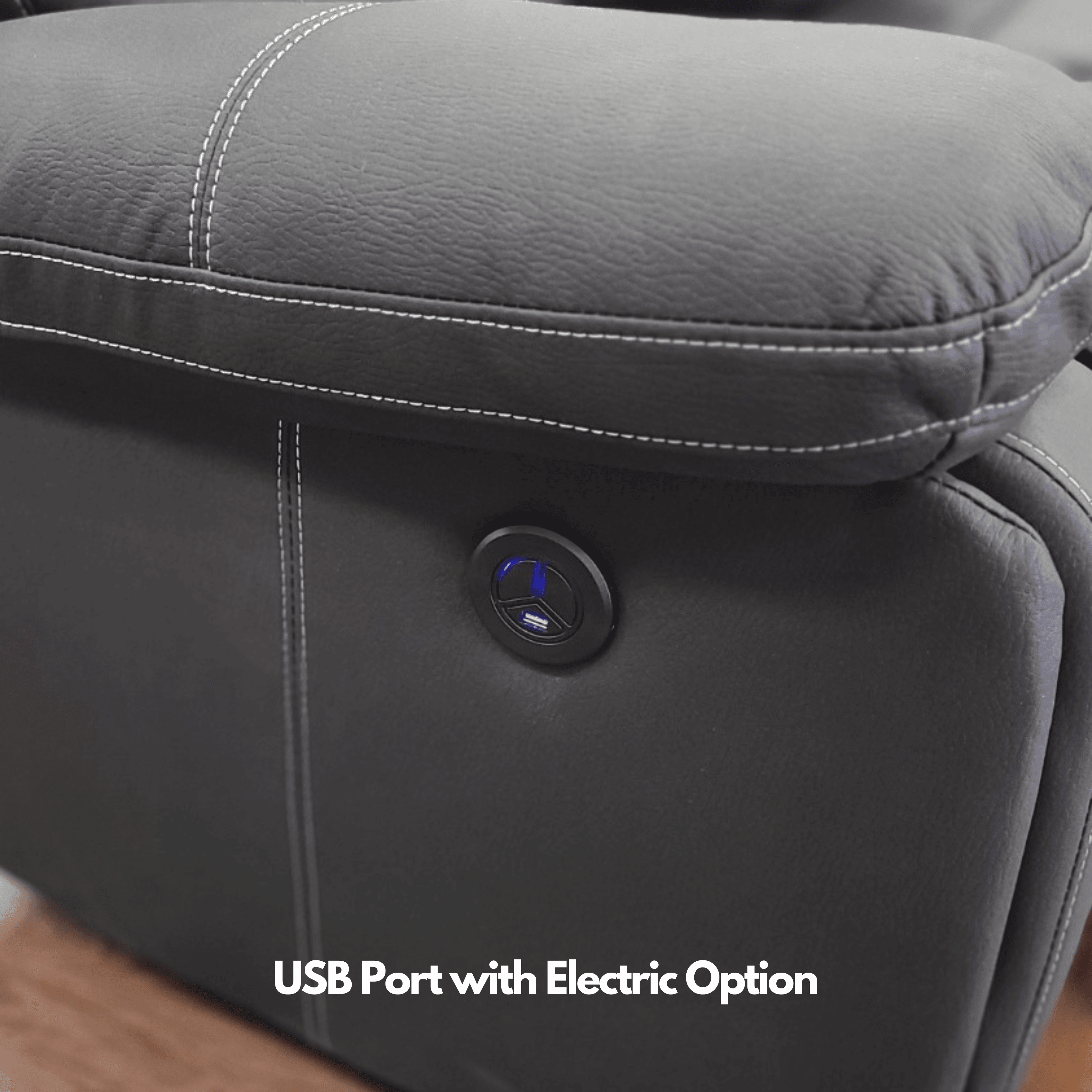 Dark grey recliner sofa armrest with white stitching and built-in USB charging port