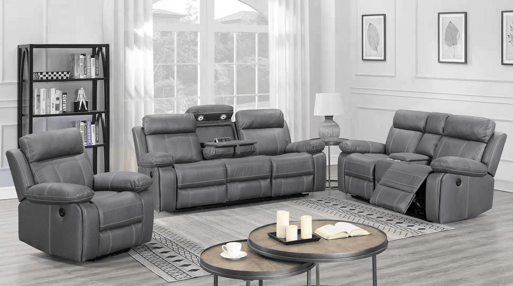 Charcoal grey recliner lounge suite with armchair and sofa in a modern living room