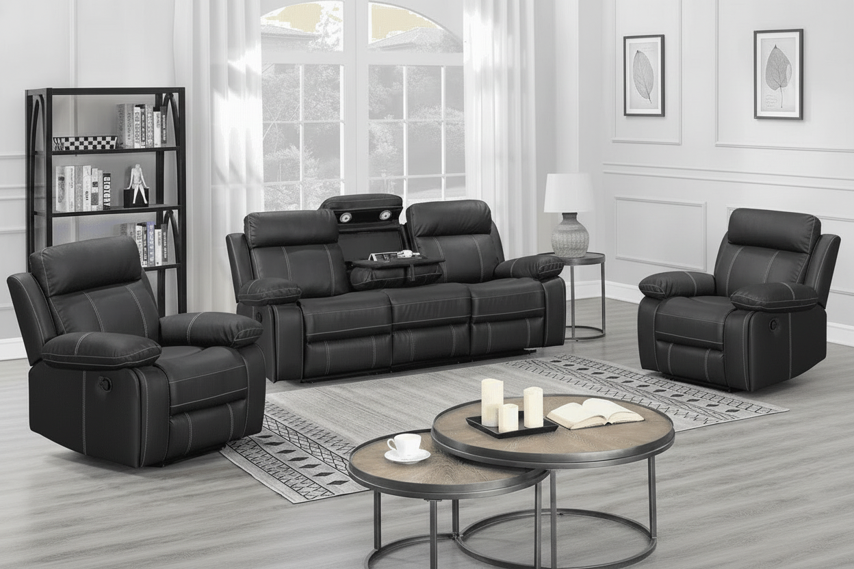 Black fabric reclining sofa set in a living room with coffee table and decor.