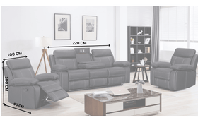 Modern lounge set with reclining sofa and chairs, dimensions labeled, in living room