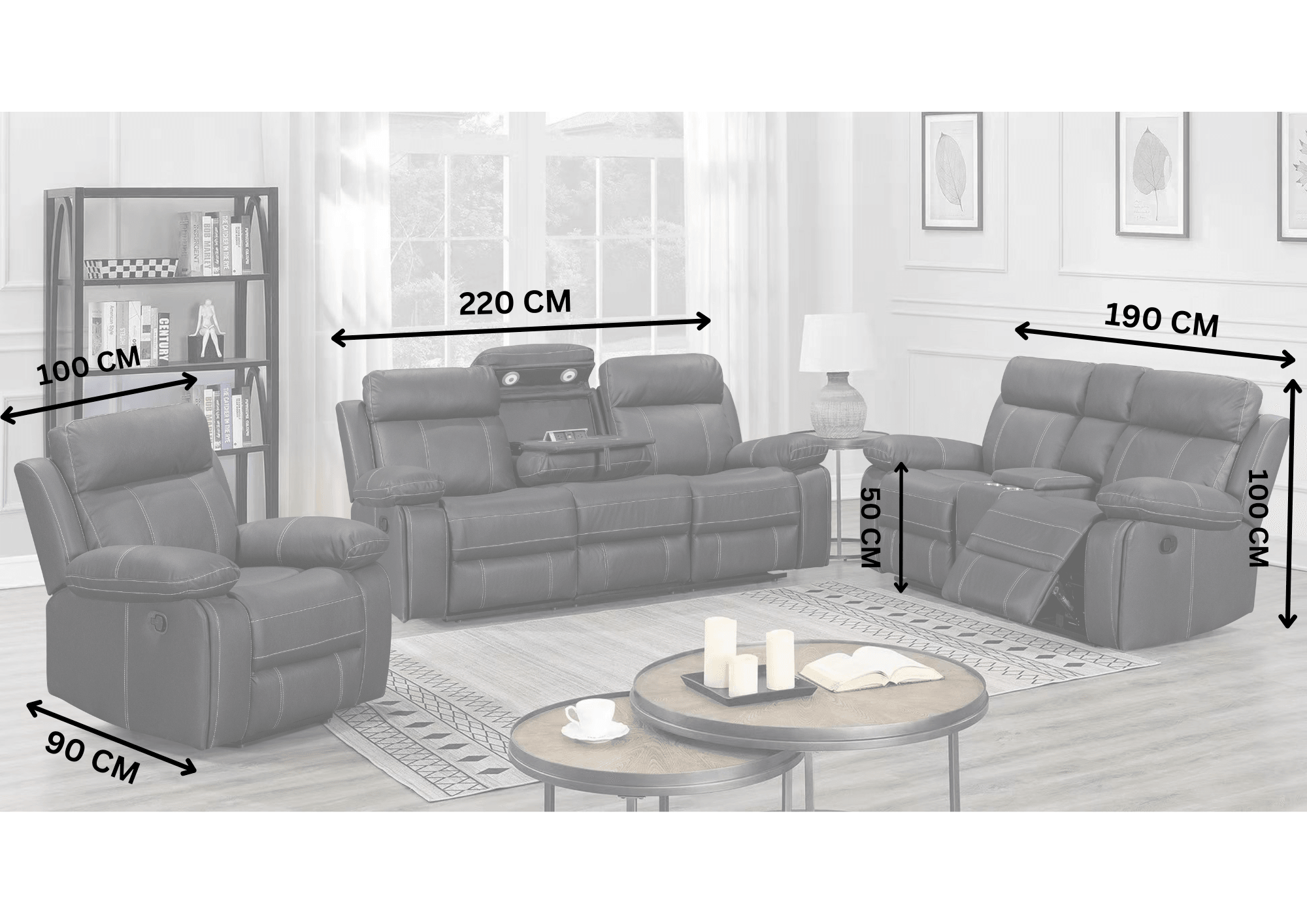 Black recliner lounge suite with armchair, two sofas, and visible measurements in living room