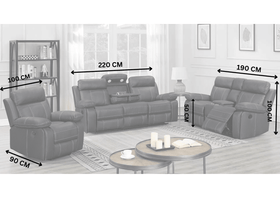 Black recliner lounge suite with armchair, two sofas, and visible measurements in living room