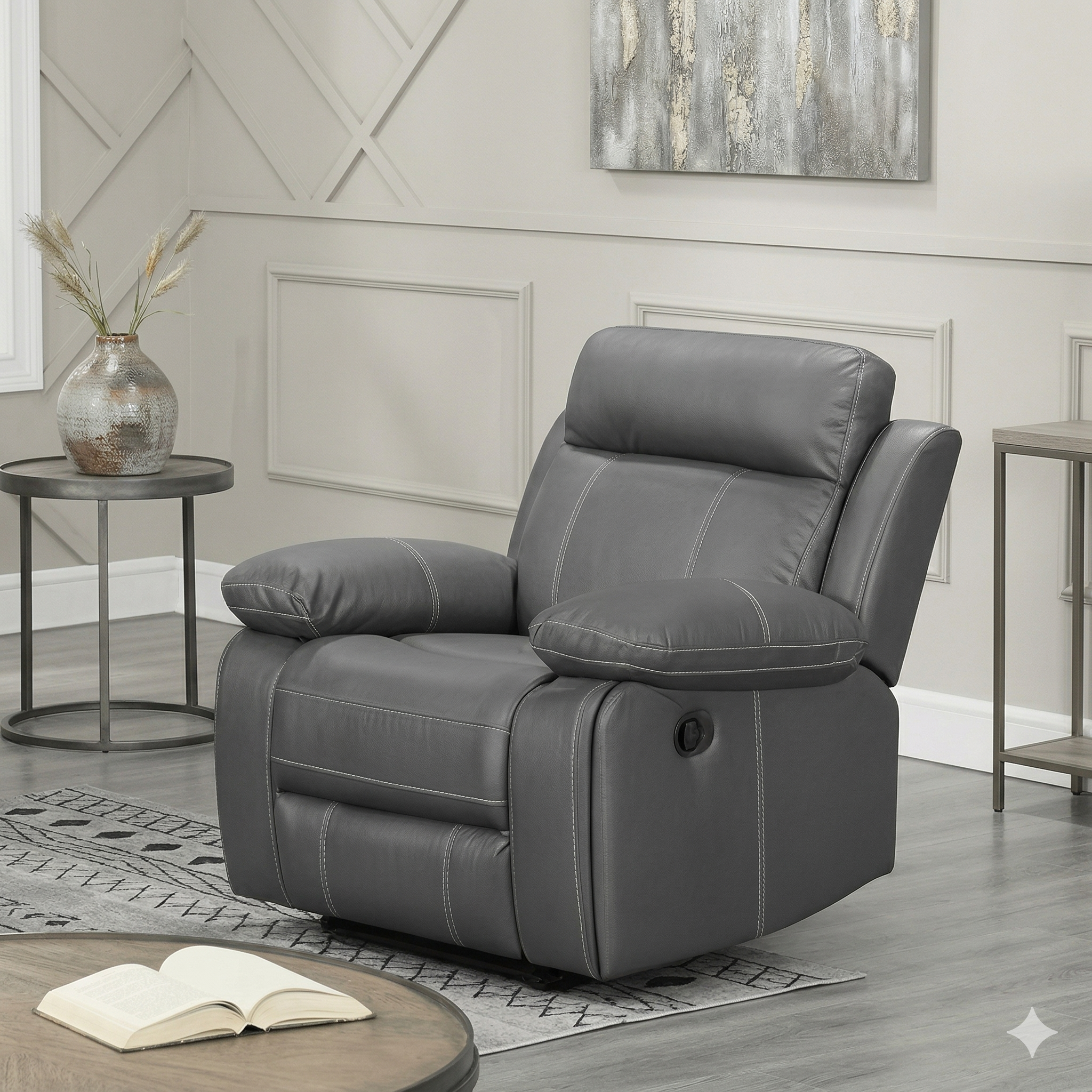 Gray recliner chair in a living room setting with decor elements.