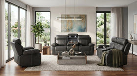 Bentley charcoal leather recliner suite with a 3 seater sofa, loveseat and armchair, drop-down lit console and cup holders in a modern living room - The A2Z Furniture