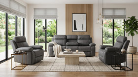 Bentley charcoal fabric recliner suite with a 3 seater sofa, loveseat and armchair, lit drop-down console and cup holders in a modern living room with timber accents - The A2Z Furniture