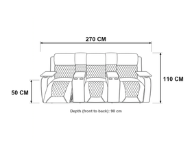 Blair 3-Seat Theatre Recliner dimension diagram — 270 cm wide, 90 cm deep, 110 cm high, 50 cm seat height