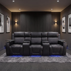 Blair 3-seat theatre electric recliner lounge in black air leather in a home cinema room with a timber slat feature wall and blue LED under-seat lighting