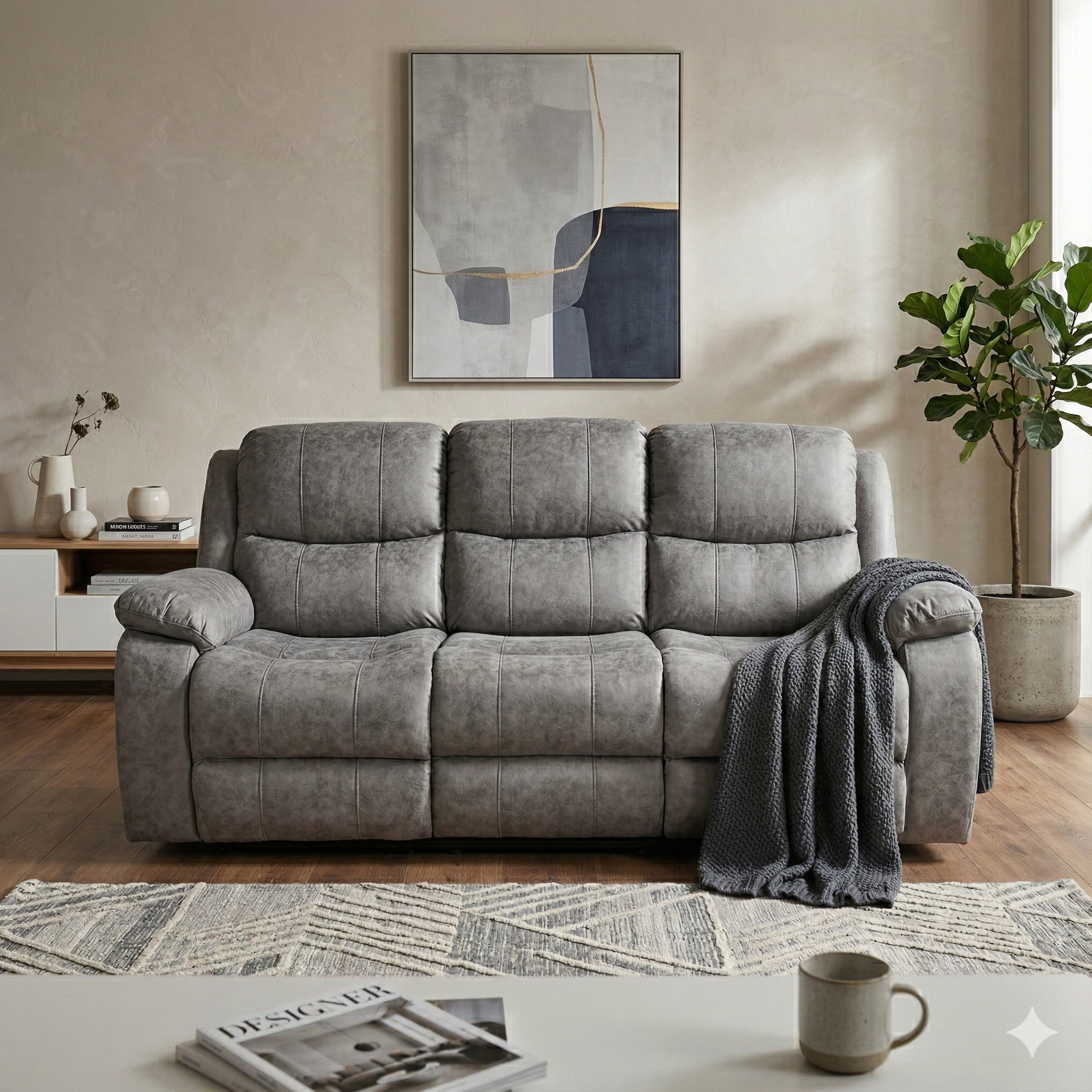 Gray sofa in a living room with a abstract painting on the wall and a plant.