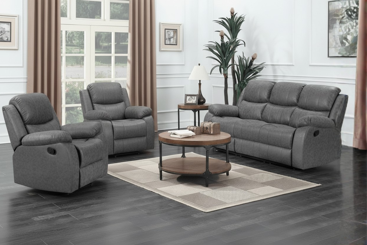 Light grey fabric reclining sofa set in a living room with a rug and decor.