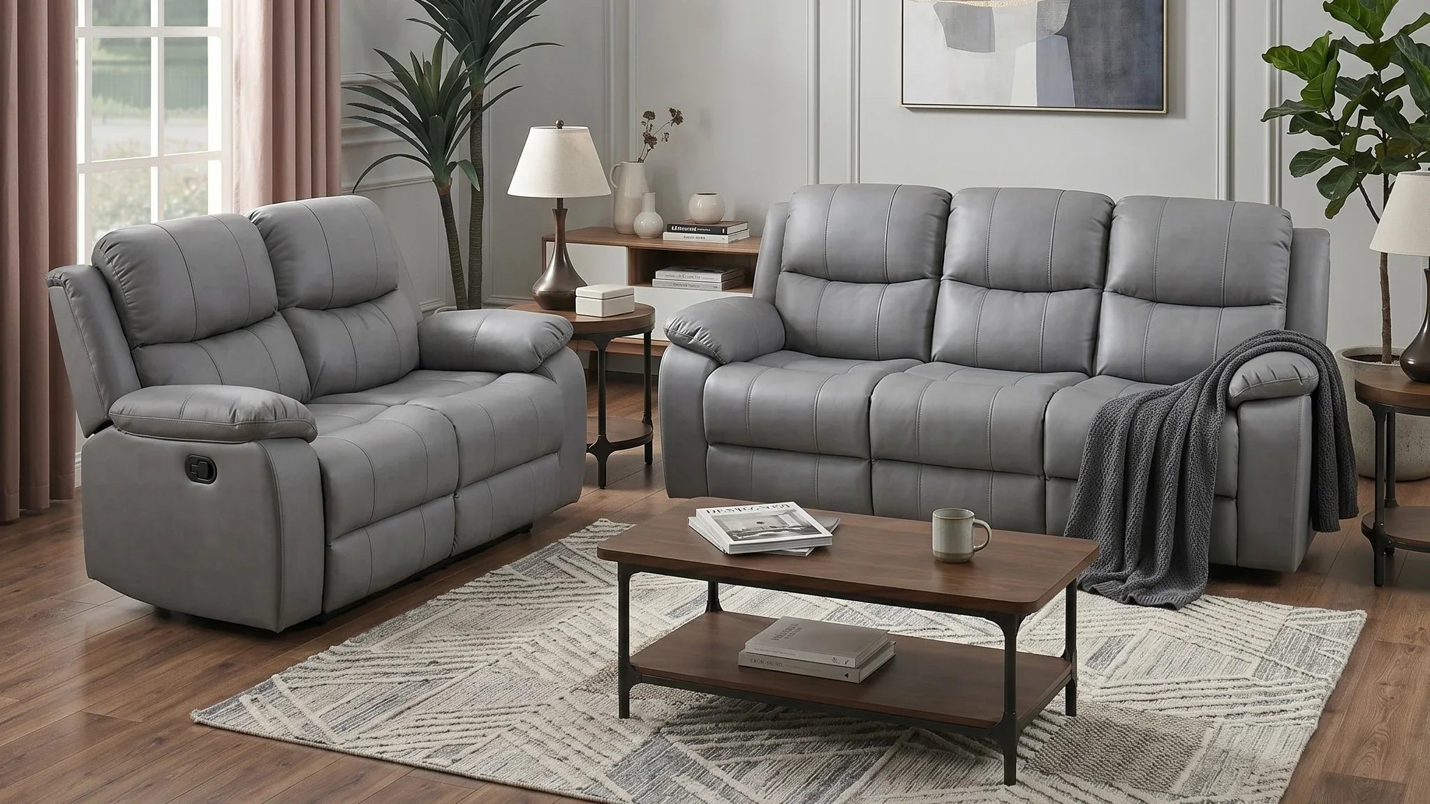 Gray sofa set in a living room with wooden coffee table and decorative elements.