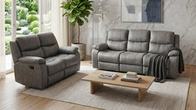 Modern living room with gray sofas, a wooden coffee table, and abstract art on the wall.