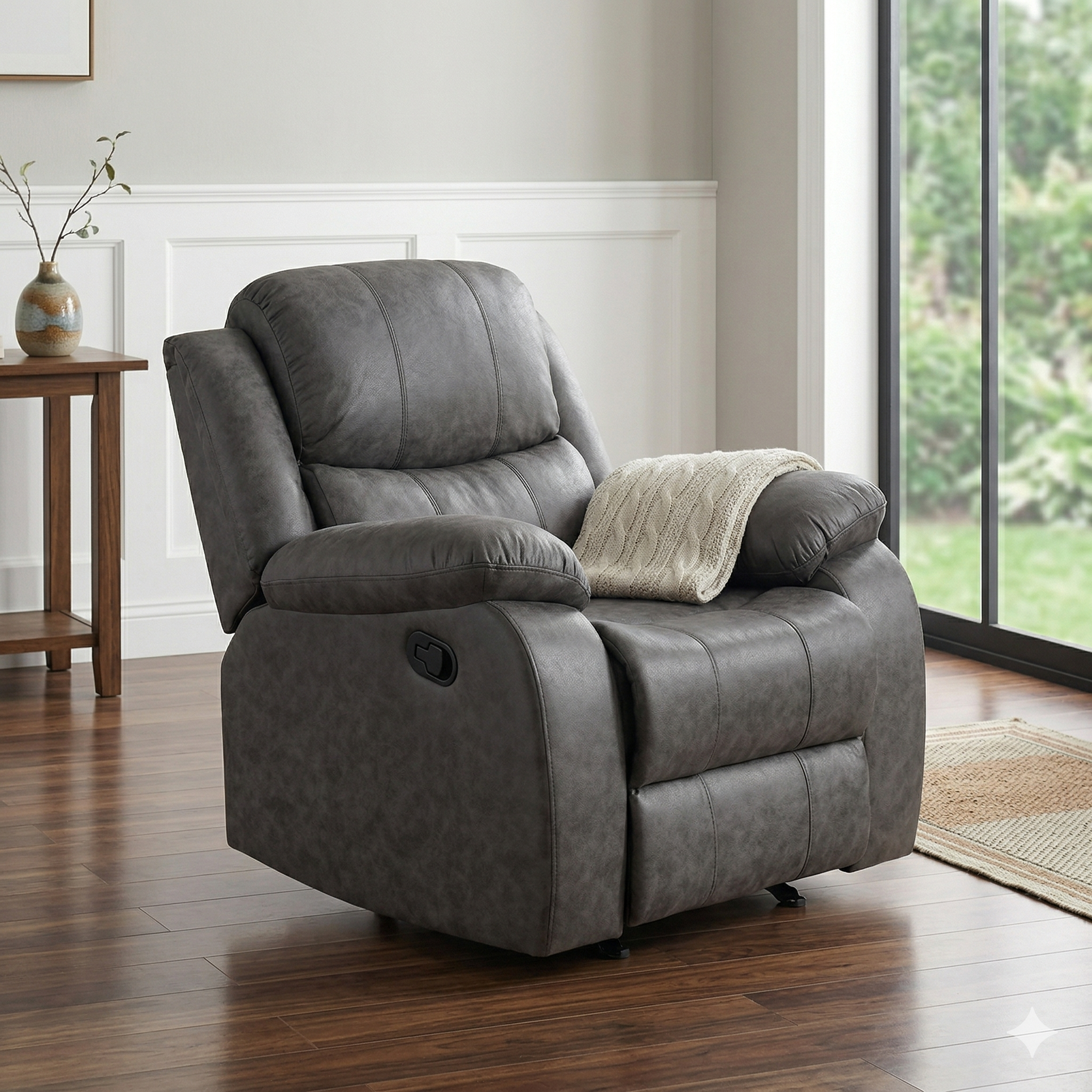 Gray recliner chair in a living room setting with a wooden side table and large window.