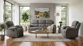 Bliss 3+1+1 grey fabric recliner suite, three-seater plus two armchairs styled in a bright modern living room - The A2Z Furniture