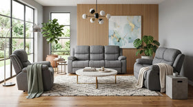Bliss 3+2+1 grey fabric recliner package, three-seater with two-seater and armchair styled in a modern living room - The A2Z Furniture