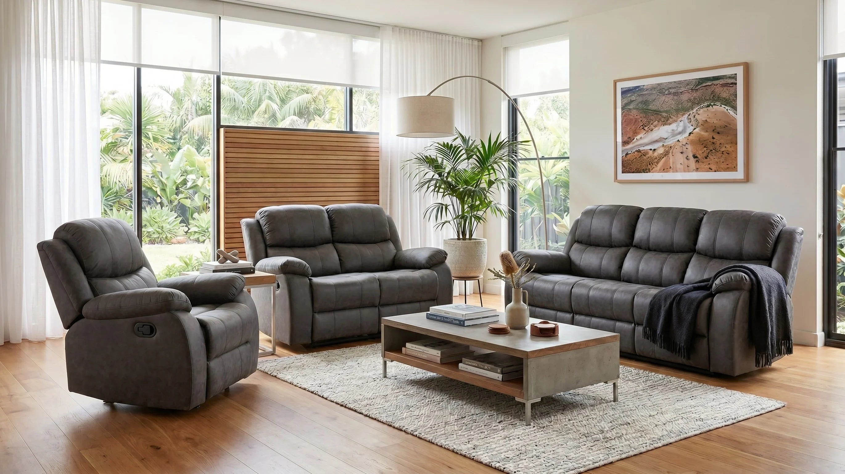 Bliss Manual 3+2+1 Light Grey Recliner Package