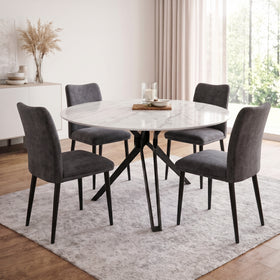 Bondi 5 Piece Round Dining Set: white marble-look round table on a black three-leg base with four dark grey Edward dining chairs, in a bright dining room