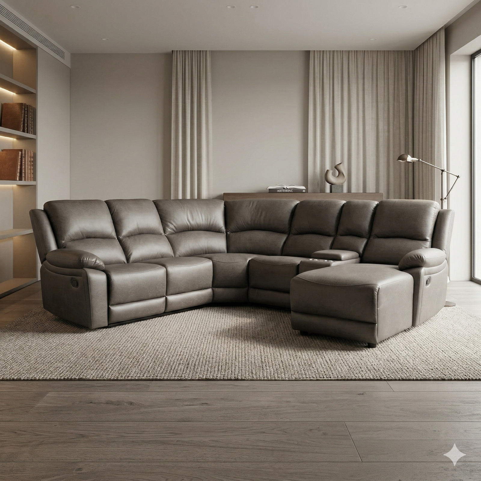 Modern grey corner recliner lounge styled in a contemporary living room by A2Z Furniture