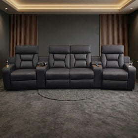 Bonza 4-Seat Theatre Electric Recliner Lounge in dark upholstery, featuring plush cushioned seats and reclining functionality, perfect for a modern living room lounge setup.