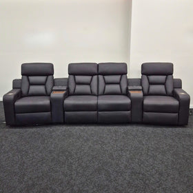 4-seat black electric recliner theatre lounge with cup holders and center consoles