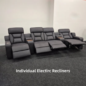 4-seat electric recliner theatre lounge in dark fabric with cup holders and footrests extended