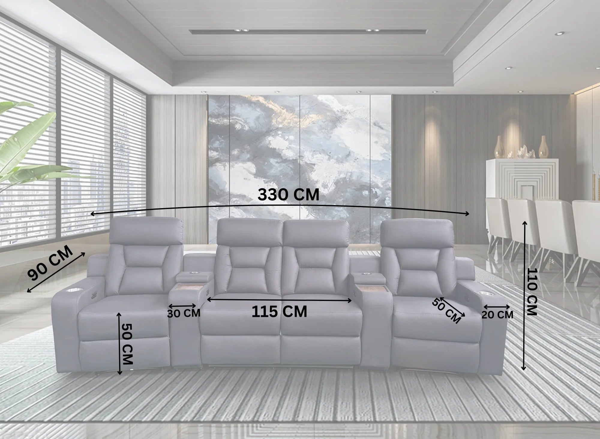 Modern grey recliner sofa set with cup holders, labeled measurements in a contemporary living room