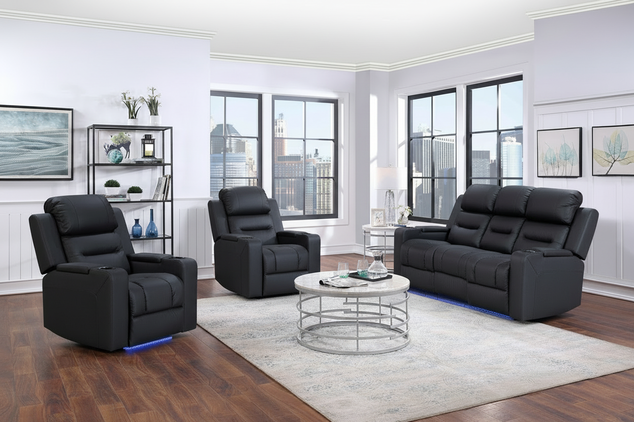 Modern living room with a black electric recliner set, a coffee table, and decor.