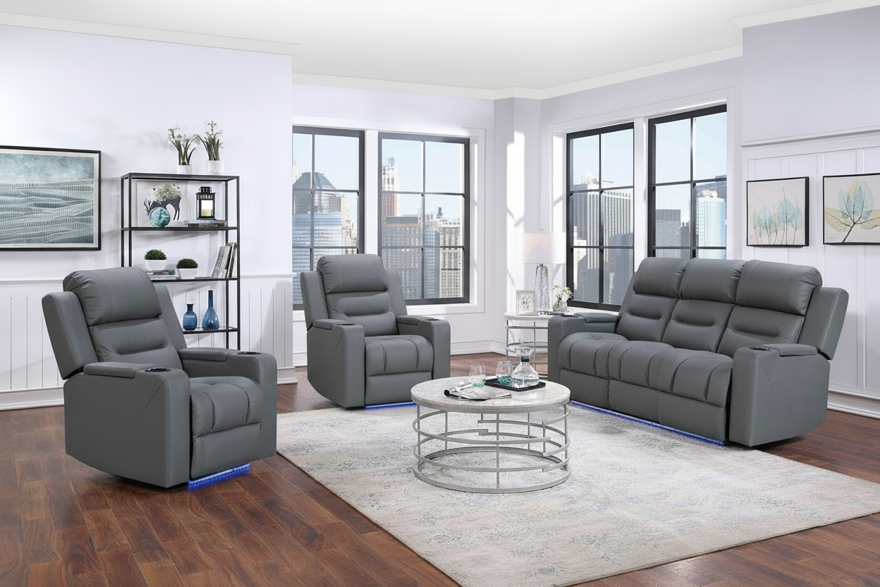 Grey electric recliner set in a modern living room with large windows.