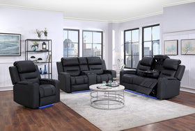 Modern living room with black 3-seater electric recliner lounge suite, LED base lighting, and city view windows