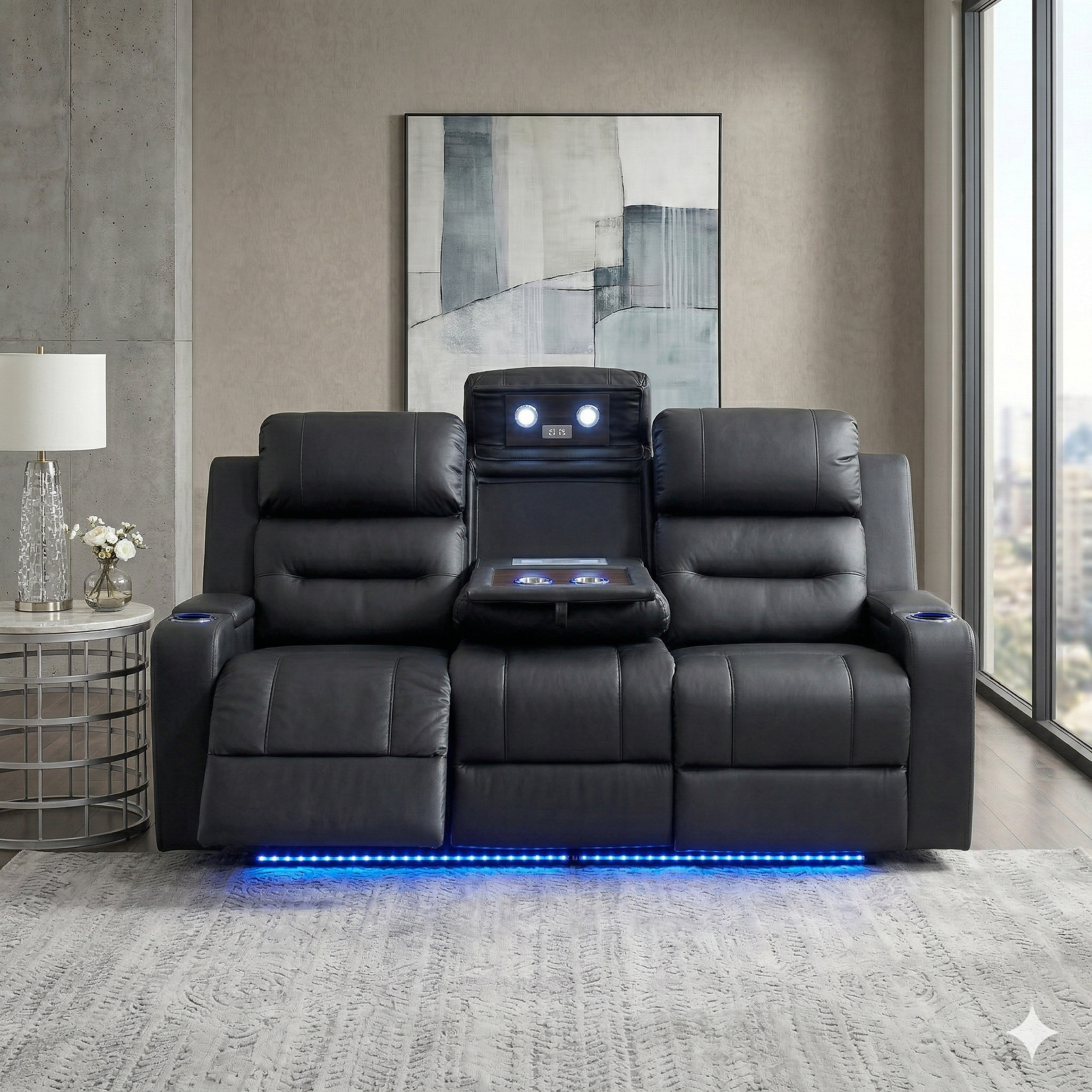 Black recliner sofa with LED lighting in a modern living room.