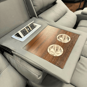 Charcoal recliner sofa with wood tray, built-in cup holders, and USB power outlets