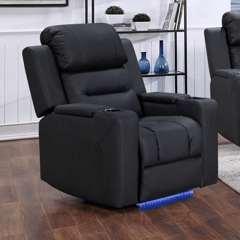 Boston Dual Motor Electric Recliner Chair in black suede fabric with cup holders, USB port, storage compartment, and LED lights.