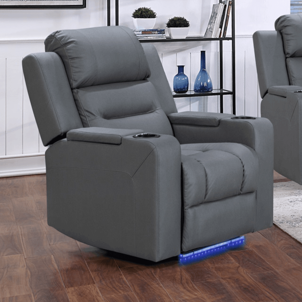 Boston Dual Motor Electric Recliner Chair charcoal suede fabric with cup holders, USB port, storage compartment, and LED lights.