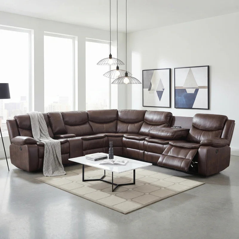 Brown Bradley Air Leather curved corner recliner sofa styled in a modern living room