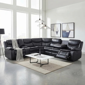 Modern living room featuring Bradley Air Leather Corner Recliner Sofa in dark leather with multiple reclining seats.