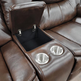 Brown leather recliner sofa with storage console and dual cup holders