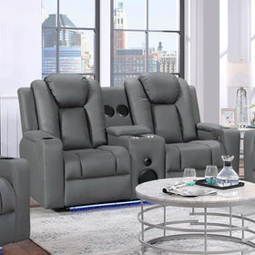 Charcoal grey dual recliner lounge with cup holders and console in a modern living room.