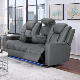 Charcoal grey leather recliner lounge with cup holders and LED lighting in modern living room