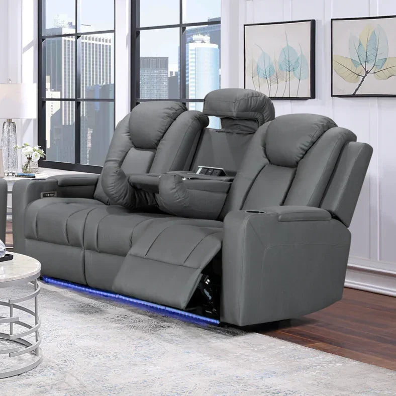 Charcoal grey leather recliner lounge with cup holders and LED lighting in modern living room
